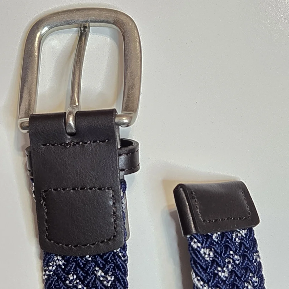 Stylish Woven Knit Navy Blue, White and Brown Men's Belt Stretch Braided Elastic
